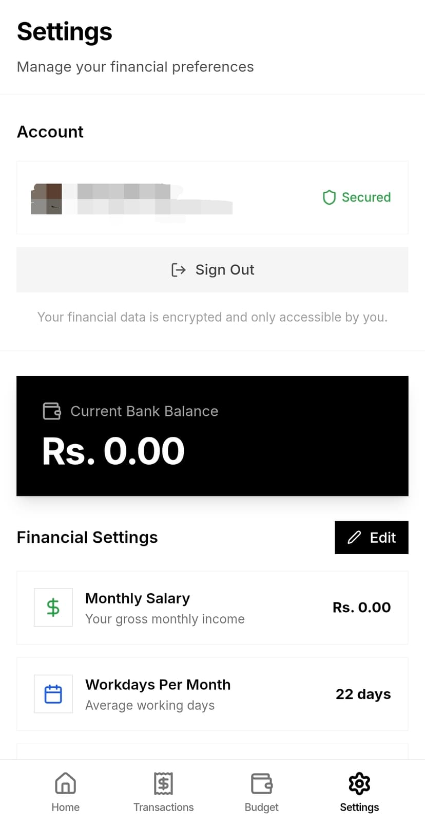 Settings page showing privacy and data controls