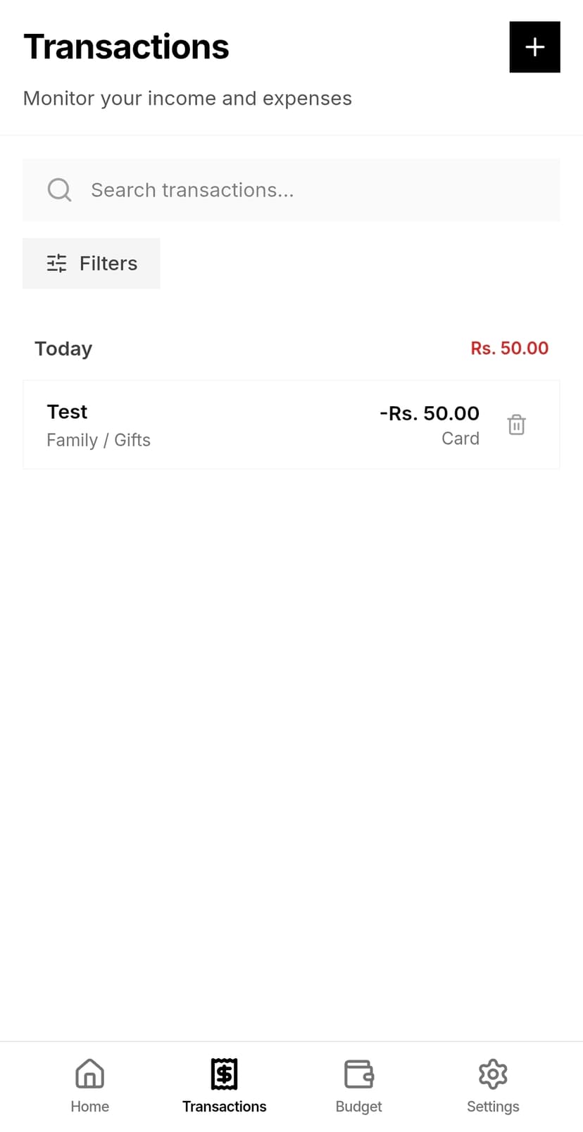 Transaction tracking interface showing categorized expenses